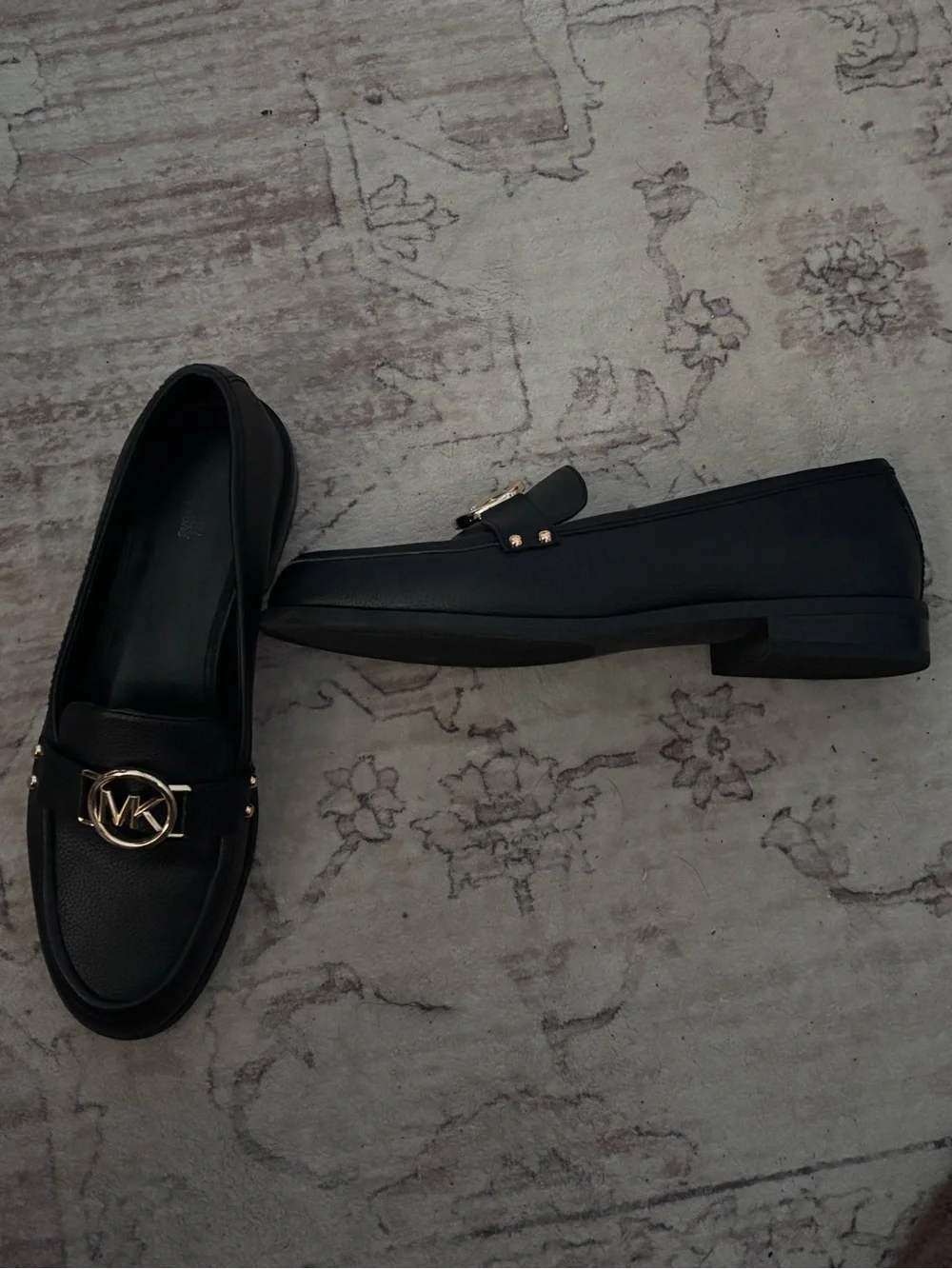 Michael Kors Black Leather Loafers with Gold MK Emblem